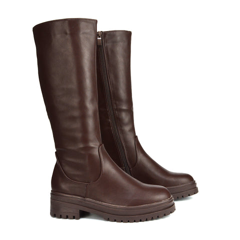 Brown | XY London | Brown Synthetic Leather Boots ,Chunky Biker Boots In Brown ,Ladies Brown Below The Knee Boots ,Womens Brown Boots