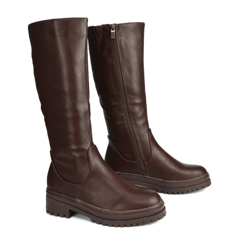  | XY London | Black Synthetic Leather Boots,Black Biker Boots,Ladies Below The Knee Boots ,Womens Black Casual Boots