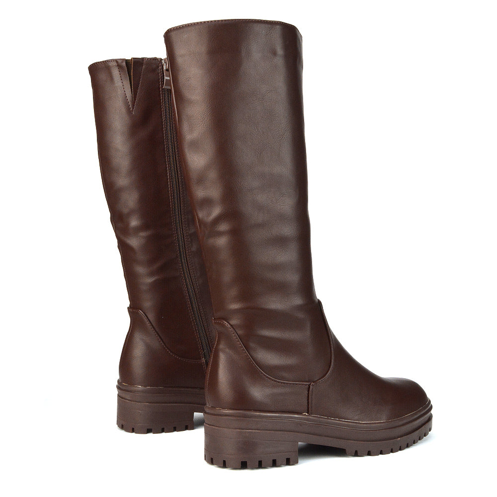 Brown | XY London | Brown Synthetic Leather Boots ,Chunky Biker Boots In Brown ,Ladies Brown Below The Knee Boots ,Womens Brown Boots