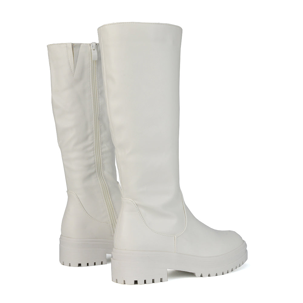 Brown | XY London | Brown Synthetic Leather Boots ,Chunky Biker Boots In Brown ,Ladies Brown Below The Knee Boots ,Womens Brown Boots