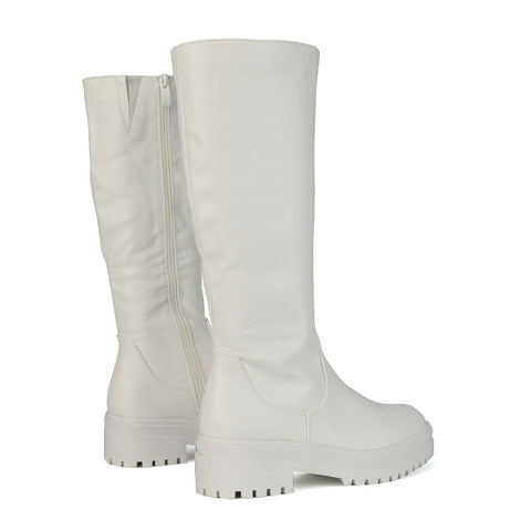 Brown | XY London | Brown Synthetic Leather Boots ,Chunky Biker Boots In Brown ,Ladies Brown Below The Knee Boots ,Womens Brown Boots