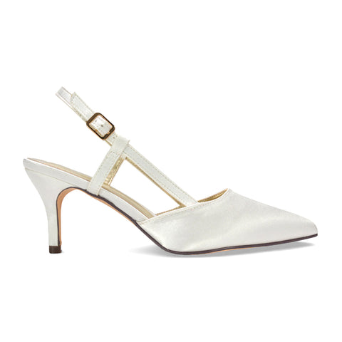 ivory satin mid heel wedding shoes, mid heel satin slingback wedding pumps, ivory court heels for bride, ivory bridal court shoes