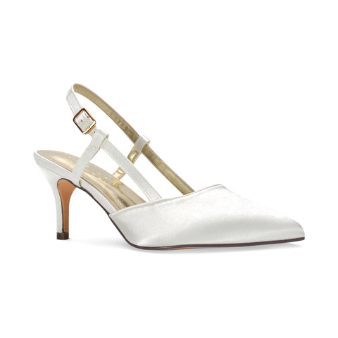 minimal satin wedding heels, mid heel satin slingback wedding pumps, wedding slingback court shoes, ivory wedding heels, ivory heels for bride