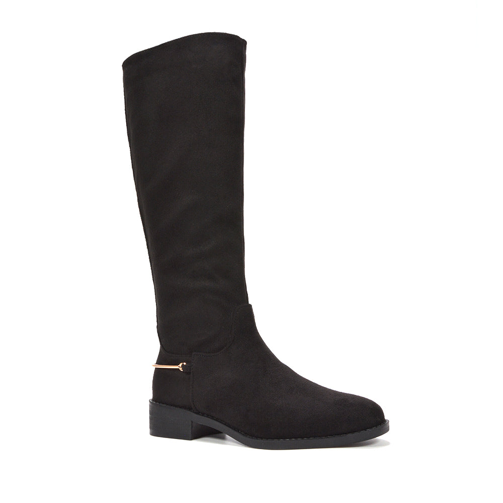 black suede knee high boots low heel