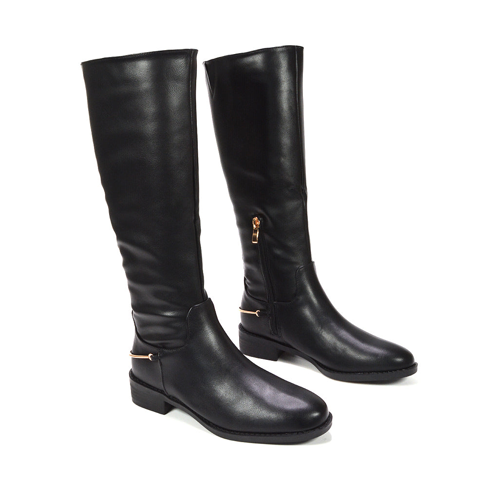 black flat knee high riding boots