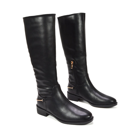black flat knee high riding boots
