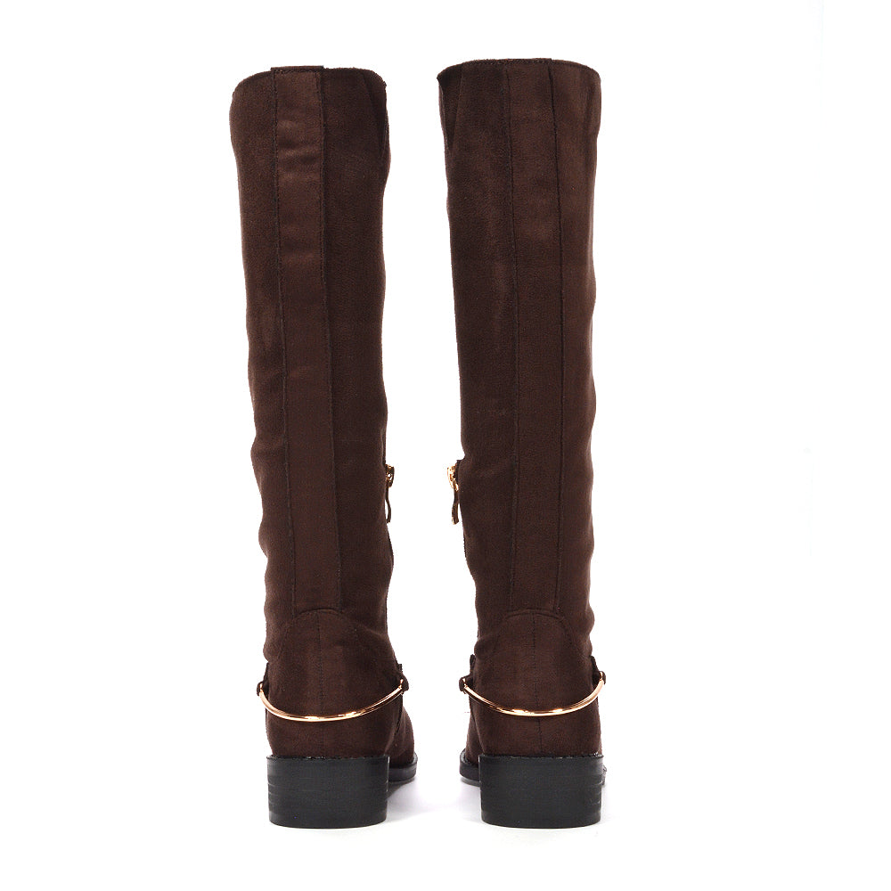 brown block heel knee high boots