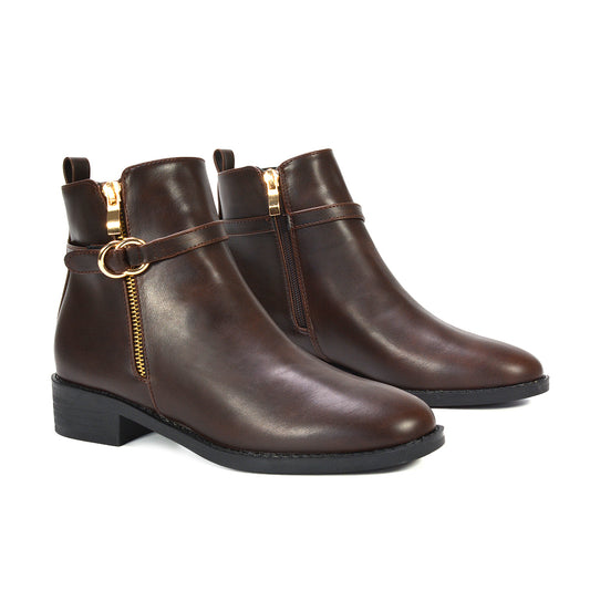 brown ankle boots, Synthetic leather ankle boots, Women's brown synthetic leather ankle boots, Side zipper boots