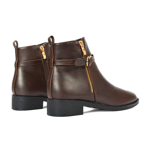 Low heel ankle boots, brown low heel boots, flat boots, Faux leather ankle boots for fall, Slip-on ankle boots with zipper, Boots for everyday wear