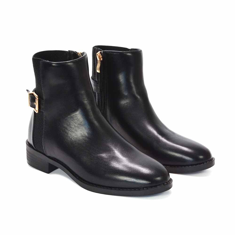 shiny black ankle booties, sleek black ankle boots for everyday wear, classic ankle booties, women’s zip ankle boots with stretchy side panels