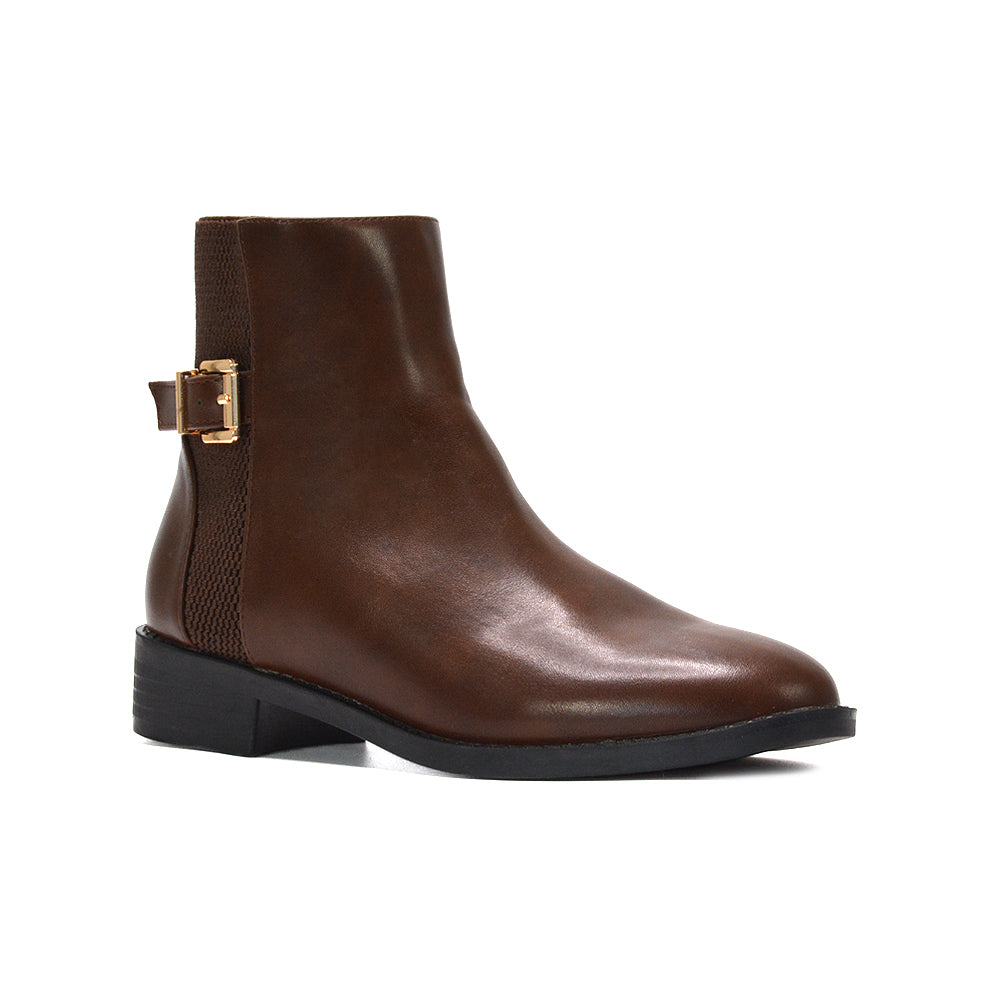 brown chelsea ankle boots, brown block heel ankle boots, chelsea ankle boots, block heel ankle boots, buckle ankle boots, comfortable low-heel ankle boots for everyday wear