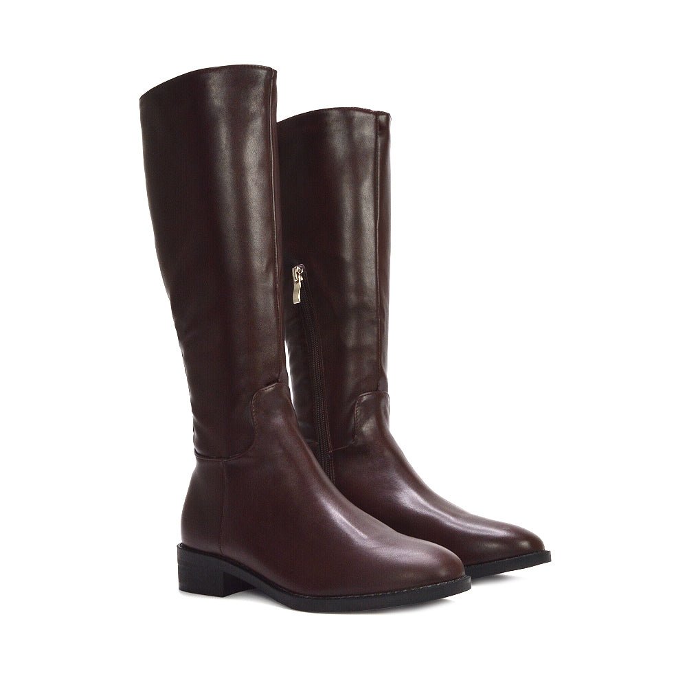brown long boots, brown flat knee high boots, long boots, flat knee high boots