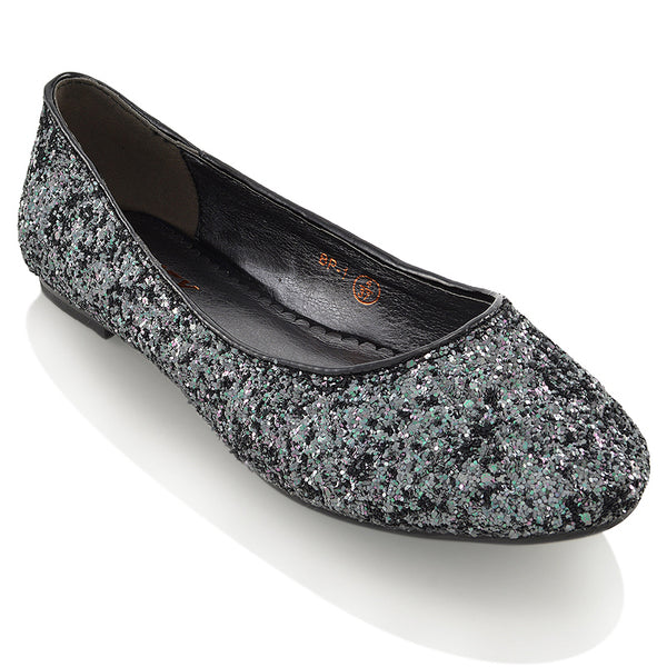 MALEFICENT FLAT BLOCK HIGH HEELED SLIP ON BALLERINA PUMP SHOES GLITTER