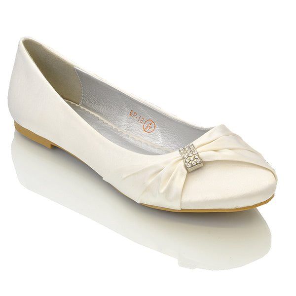 GABRIELA FLAT RUCHED DIAMANTE SPARKLY BROOCH CLASSIC WEDDING BRIDAL BALLERINA PUMPS SATIN