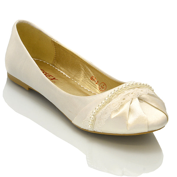 PEARLY BRIDAL FLAT LOW HEEL LACE SPARKLY DIAMANTE WEDDING BALLERINA PUMPS SATIN