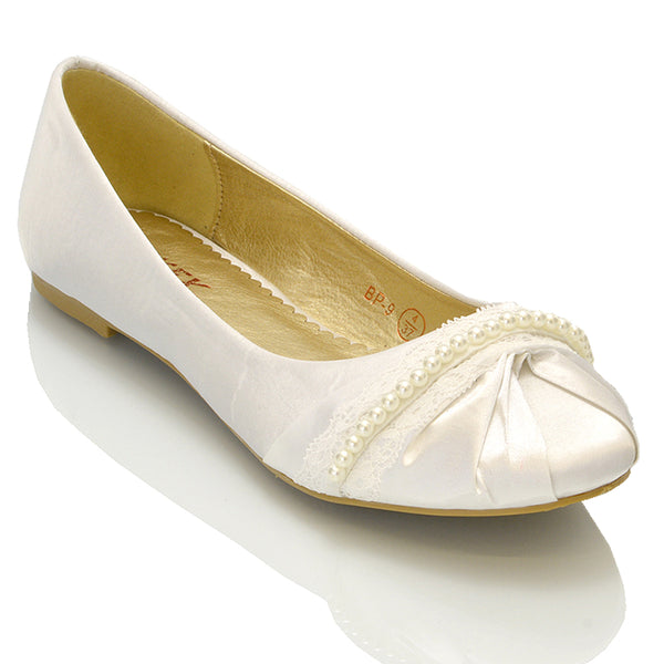 Pearly Bridal Flat Low Heel Lace Sparkly Diamante Wedding Ballerina Pumps in White Satin
