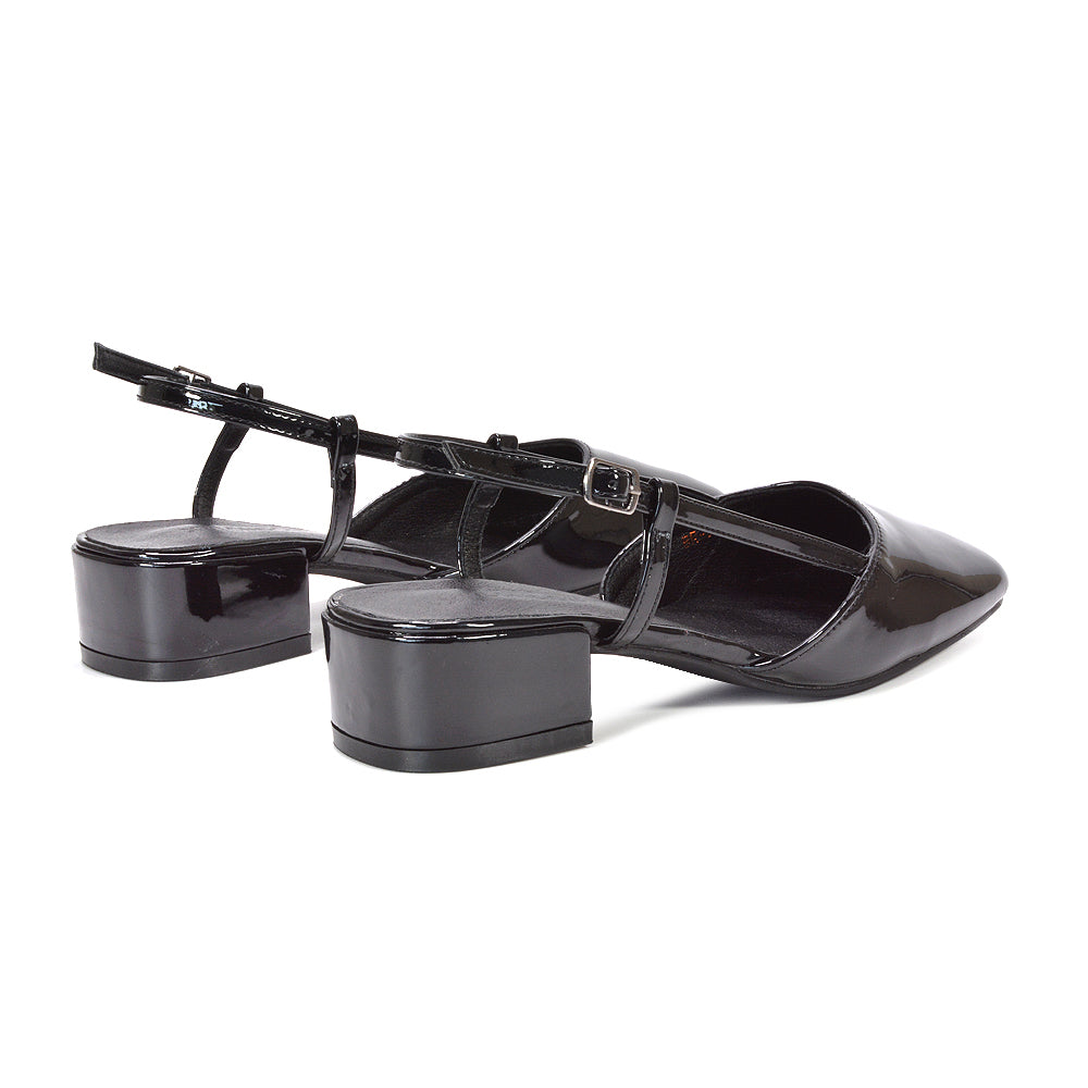 black workwear block heel shoes, black slingback shoes with adjustable strap, women's black comfort block heel sandals, black dress sandals