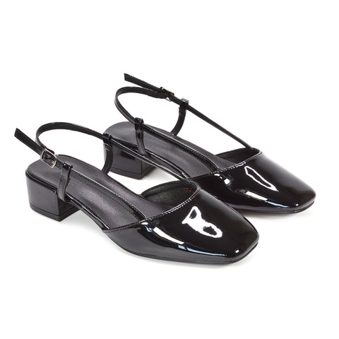 black square front low heel shoes, black wedding guest slingback heels, black office-ready low heel sandals, women's black chic evening shoes