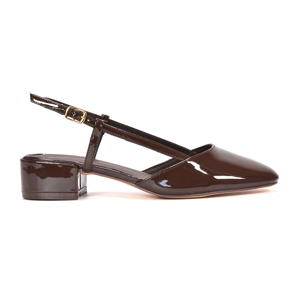 brown slingback strappy low block heel sandals, women's brown square toe slingback court shoes, brown low block heel strappy sandals for women, brown square toe block heel sandals