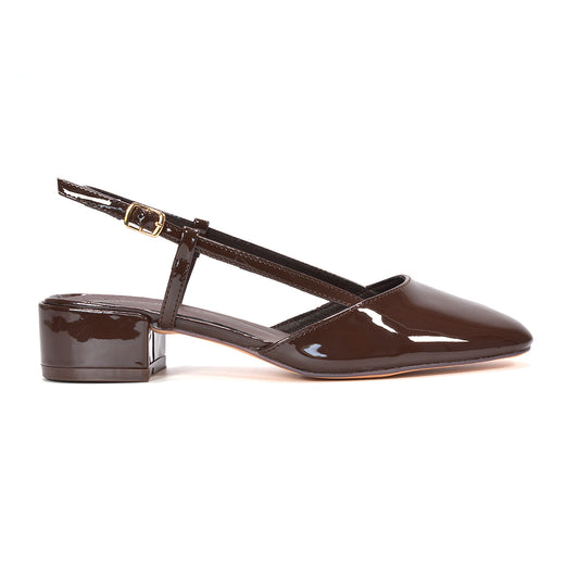 brown slingback strappy low block heel sandals, women's brown square toe slingback court shoes, brown low block heel strappy sandals for women, brown square toe block heel sandals