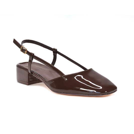 ladies brown slingback dress shoes, brown low heel slingback sandals, women's brown formal block heel shoes, elegant brown square toe sandals