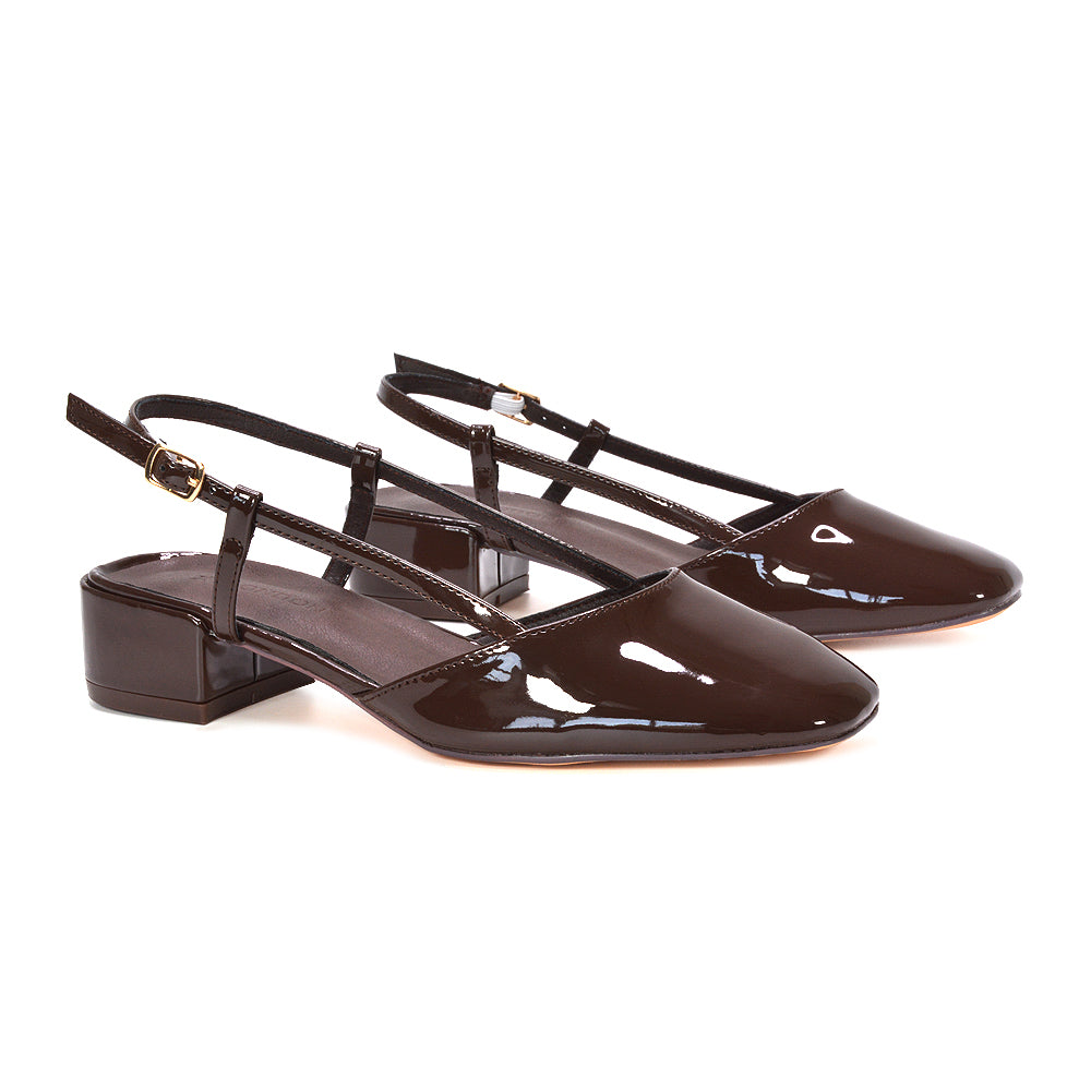 brown square toe block heel shoes, brown closed-back slingback sandals, women's brown low heel formal sandals, trendy brown slingback court heels