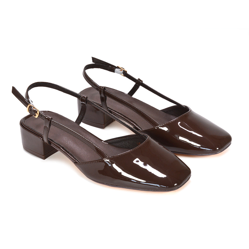 classic brown low block heel sandals, women's brown dress sandals with block heel, brown faux leather slingback sandals, brown PU leather square toe sandals