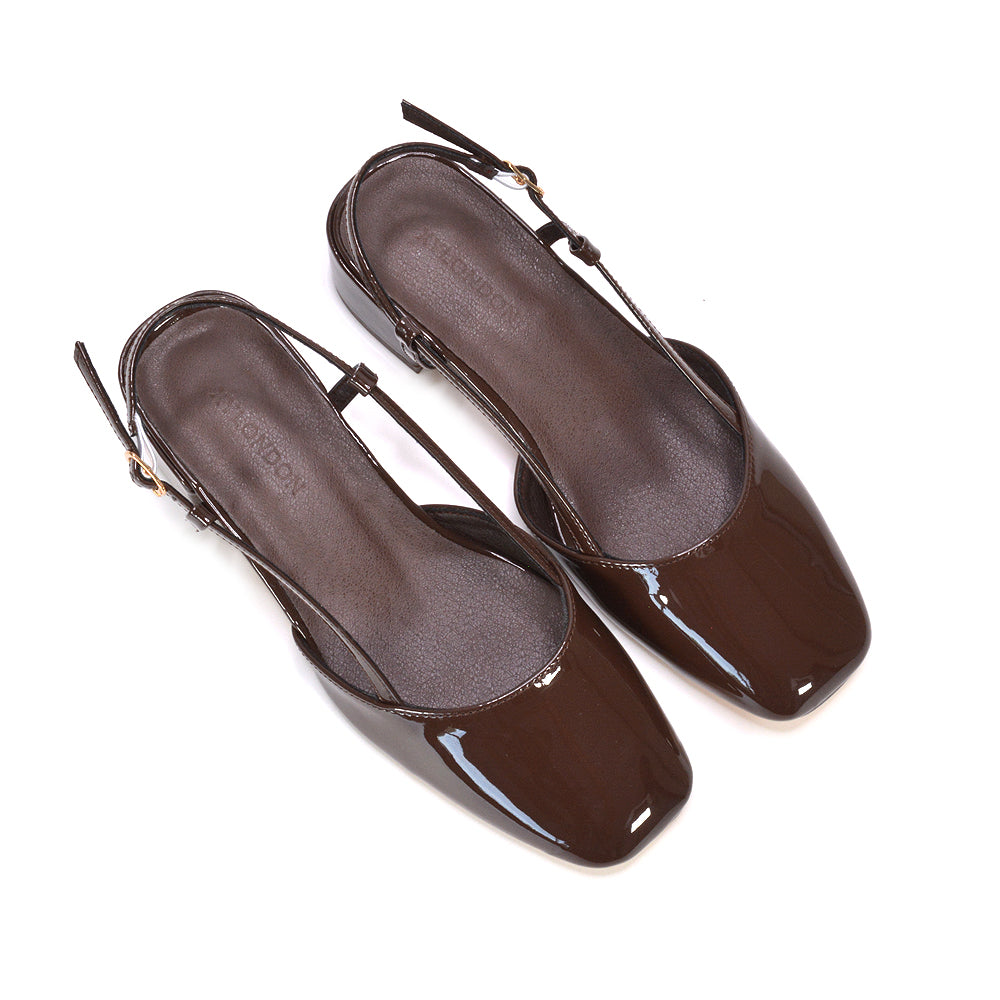 brown square toe court shoes for women, brown low heel wedding guest shoes, brown strappy sandals for special occasions, adjustable brown slingback block heel sandals