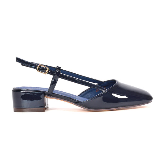navy blue slingback heels for women, women's navy square toe dress shoes, navy block heel occasion sandals, navy low heel formal footwear