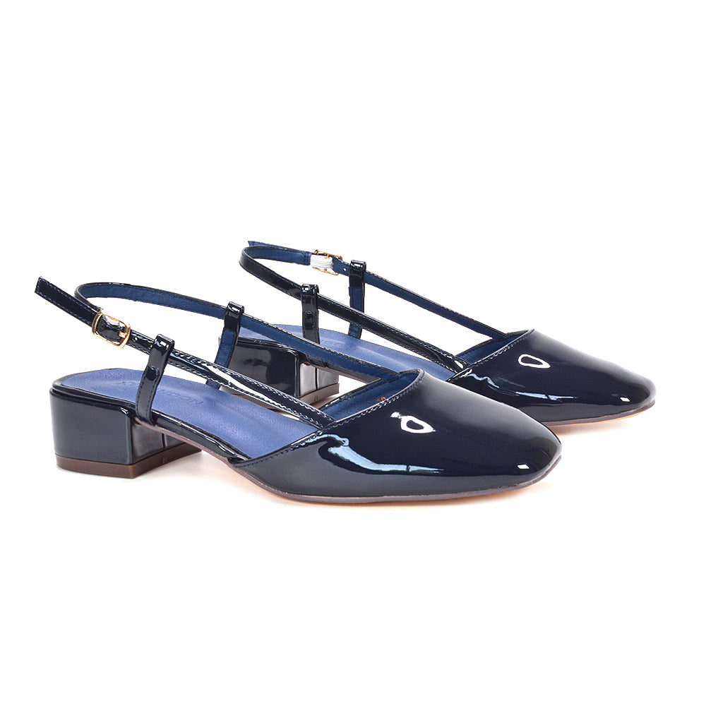 navy open back formal sandals, navy comfortable work heels, navy faux leather slingback shoes, navy women's elegant sandals