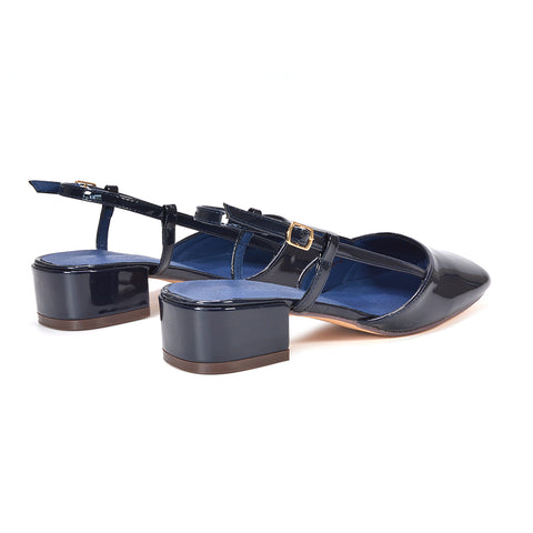 navy chic party sandals, navy square front block heels, navy classic slingback dress shoes, navy low heel event sandals