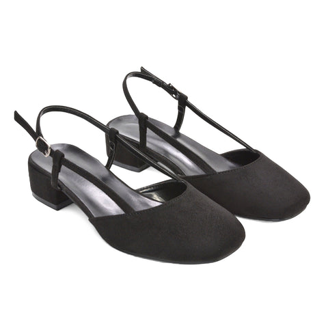 black court heels, black strappy block heels, court heels, strappy block heels, Slingback Strappy Block Heel Sandals, Low Block Heel Square Toe Sandals