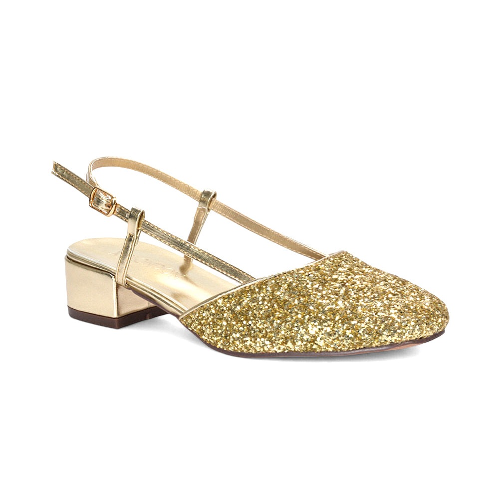 gold block heels, gold court shoes, block heels, court shoes, Evening low heel strappy shoes, Fashionable low block heels