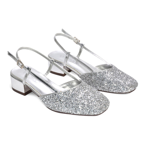 silver court heels, silver strappy block heels, court heels, strappy block heels, Slingback Strappy Block Heel Sandals, Low Block Heel Square Toe Sandals