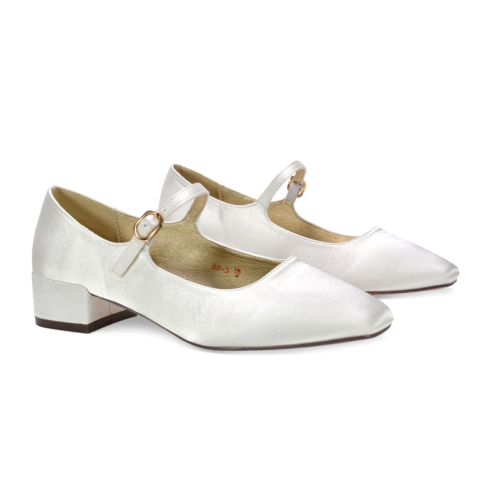 Low heel ivory satin shoes with buckle strap, Square toe satin shoes for weddings or parties, Comfortable ivory satin heels for brides