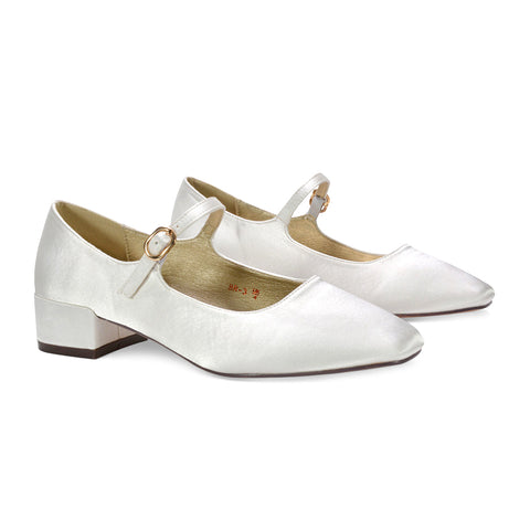 Low heel ivory satin shoes with buckle strap, Square toe satin shoes for weddings or parties, Comfortable ivory satin heels for brides