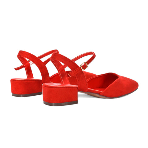 red court shoes, red court heels, court shoes, court heels, Faux suede sandals for women, Women's ankle strap heels, low block heel sandals