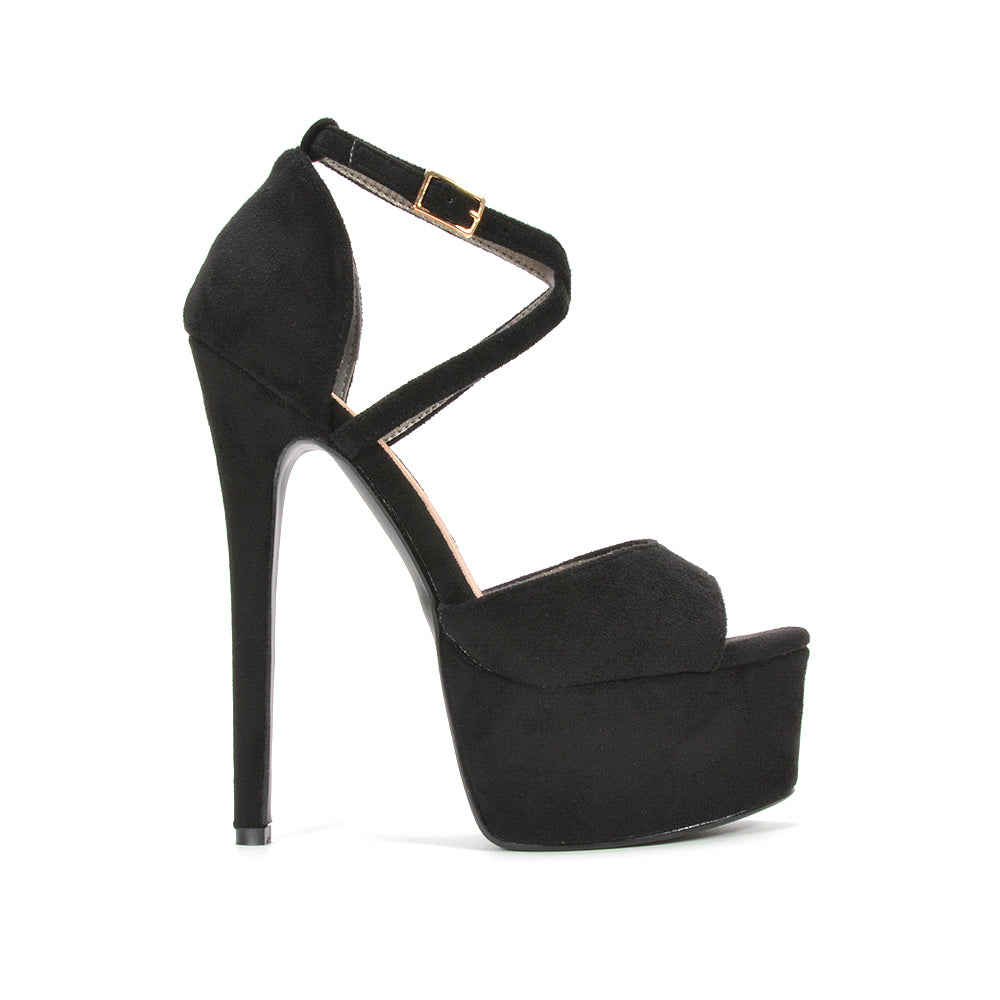 Black Strappy Peep Toe Platform Stiletto High Heels, Women's Black Strappy Peep Toe Platform Heels, Black Platform Stiletto Sandals for Women, Black Open Toe Platform High Heels