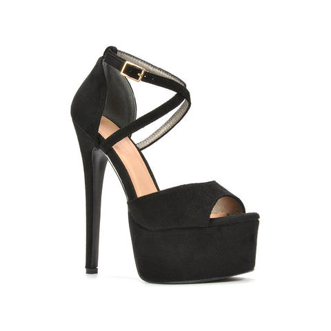 Black Ankle Strap Platform Stilettos, Black Peep Toe High Heel Sandals, Black Strappy Evening Heels, Black Party Platform Heels