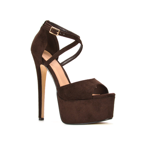 Brown Ankle Strap Platform Heels, Brown Evening Sandals, Brown Occasion Heels, Brown Dress Sandals for Women