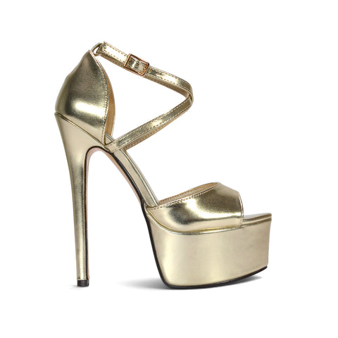 Gold Strappy Peep Toe Platform Stiletto High Heels, Women's Gold Platform Heels, Metallic Gold High Heel Sandals, Gold Peep Toe Platform Sandals