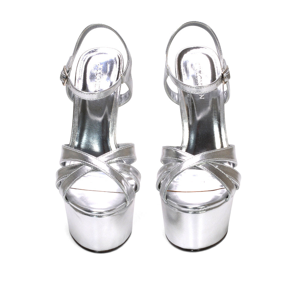 silver strappy platform sandals with ankle strap