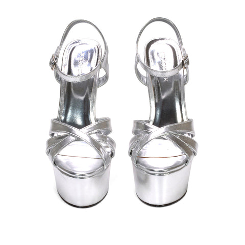 silver strappy platform sandals with ankle strap
