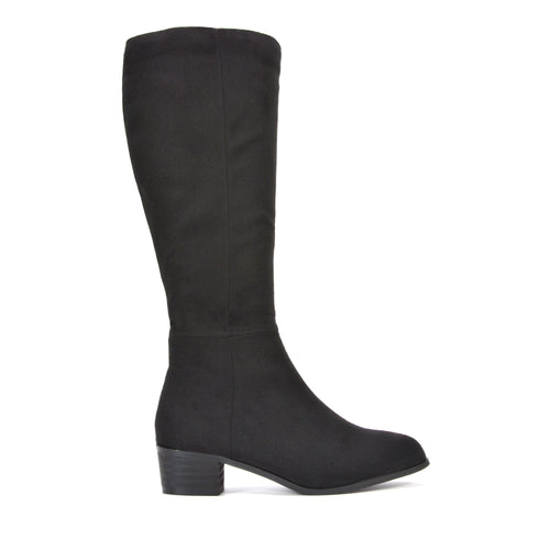 Women's black knee-high boots, Women's black faux suede knee-high boots with low block heel