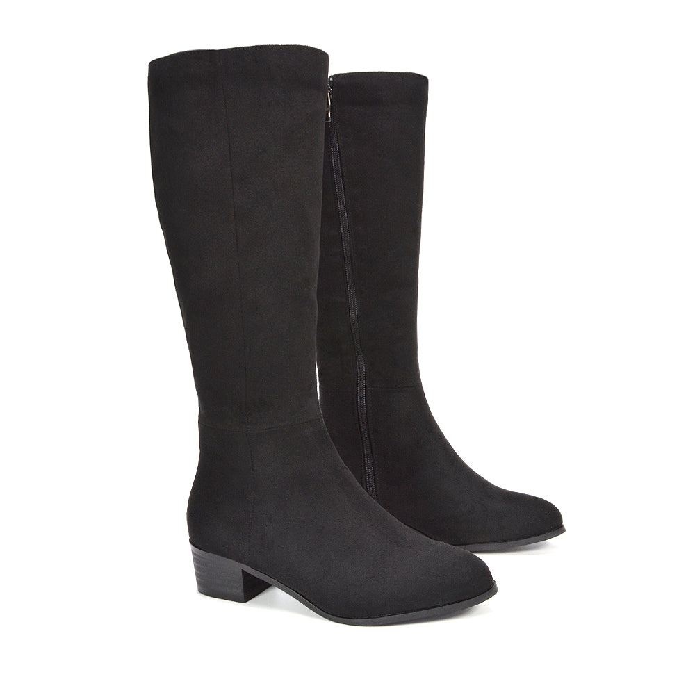 Women's black tall boots with stacked heel, Black faux suede boots