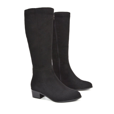 Women's black tall boots with stacked heel, Black faux suede boots