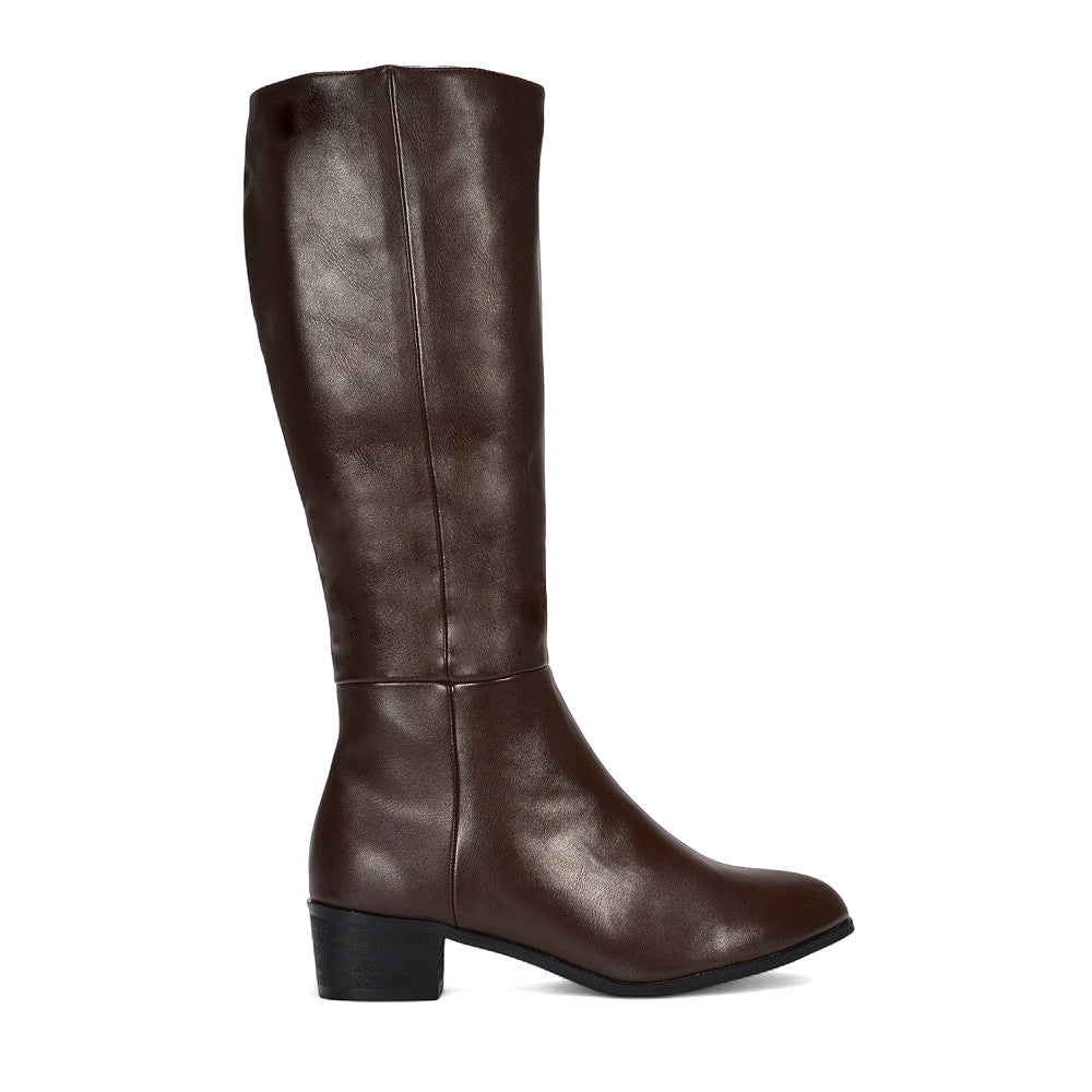 Cassie Low Block Heel Zip Up Knee High Western Boots In Brown Synthetic Leather