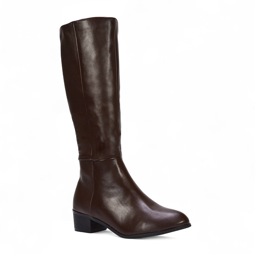 Cassie Low Block Heel Zip Up Knee High Western Boots In Brown Synthetic Leather