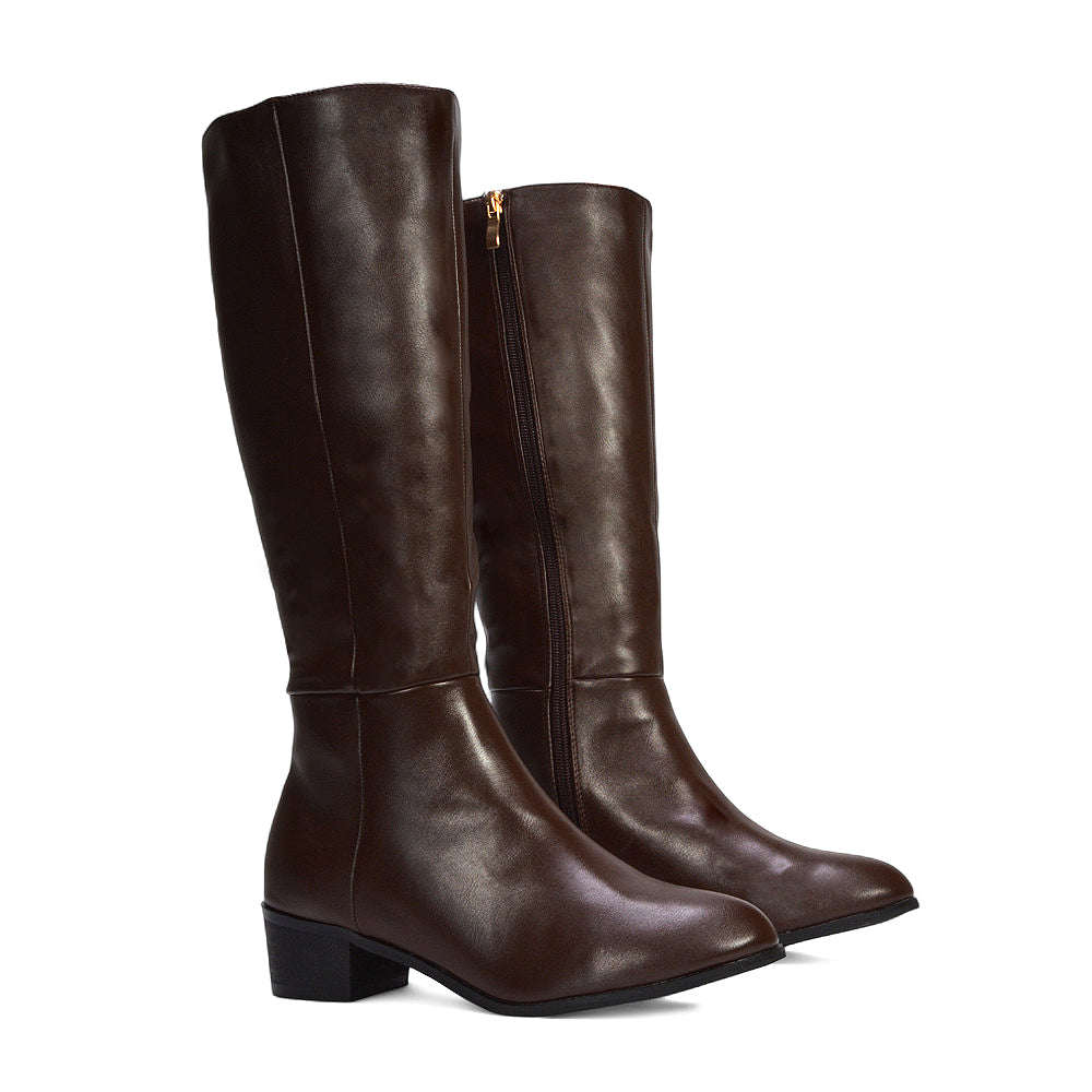 brown knee high boots, brown low block heel boots, Boots for work outfits, Comfortable winter boots with side zipper, knee high boots, low block heel boots