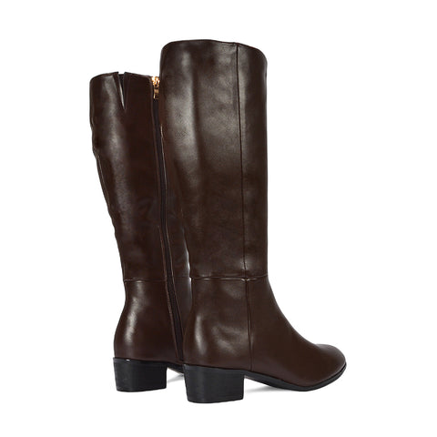 brown low heel boots, brown zip up knee high boots, low heel boots, zip up knee high boots, Stylish boots for office wear, Knee-high dress boots, Comfortable women's boots